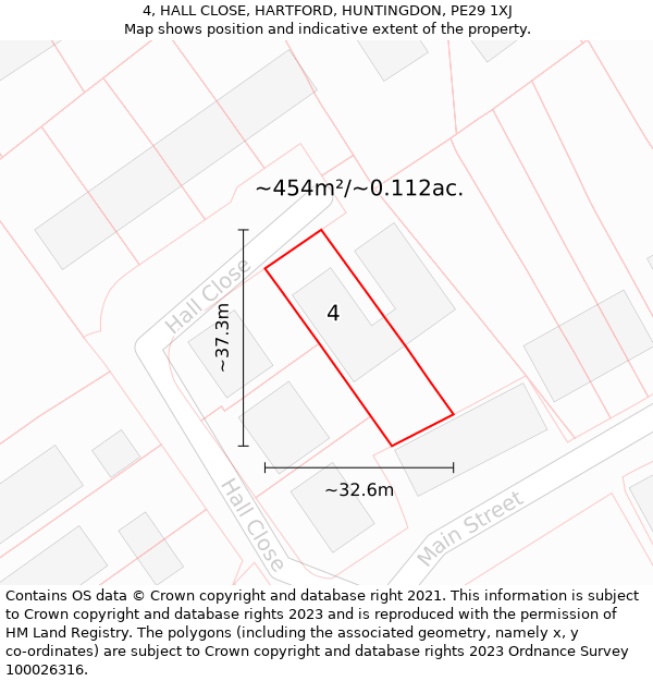 4, HALL CLOSE, HARTFORD, HUNTINGDON, PE29 1XJ: Plot and title map