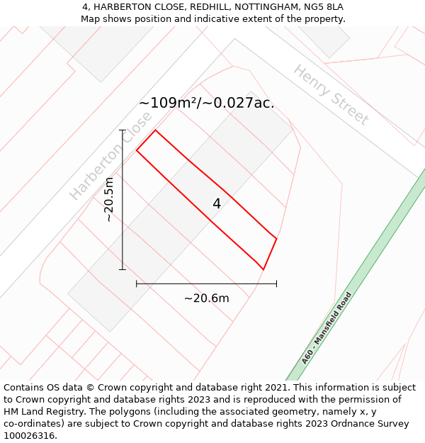 4, HARBERTON CLOSE, REDHILL, NOTTINGHAM, NG5 8LA: Plot and title map