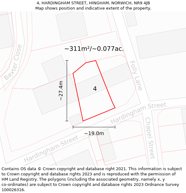 4, HARDINGHAM STREET, HINGHAM, NORWICH, NR9 4JB: Plot and title map