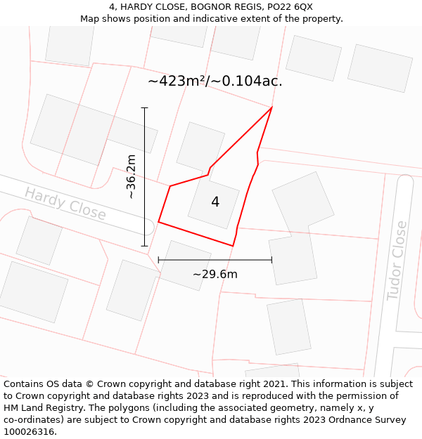 4, HARDY CLOSE, BOGNOR REGIS, PO22 6QX: Plot and title map