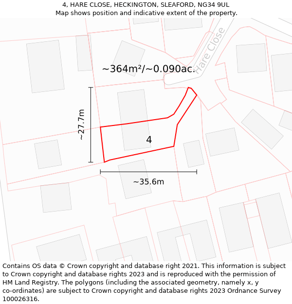 4, HARE CLOSE, HECKINGTON, SLEAFORD, NG34 9UL: Plot and title map