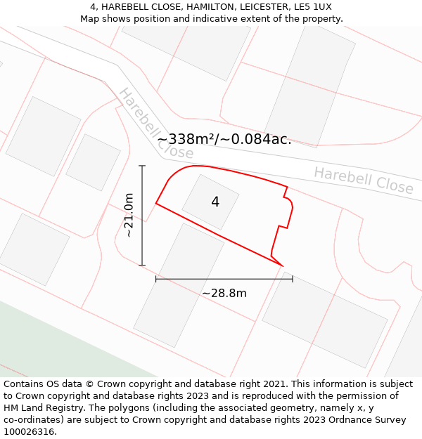 4, HAREBELL CLOSE, HAMILTON, LEICESTER, LE5 1UX: Plot and title map