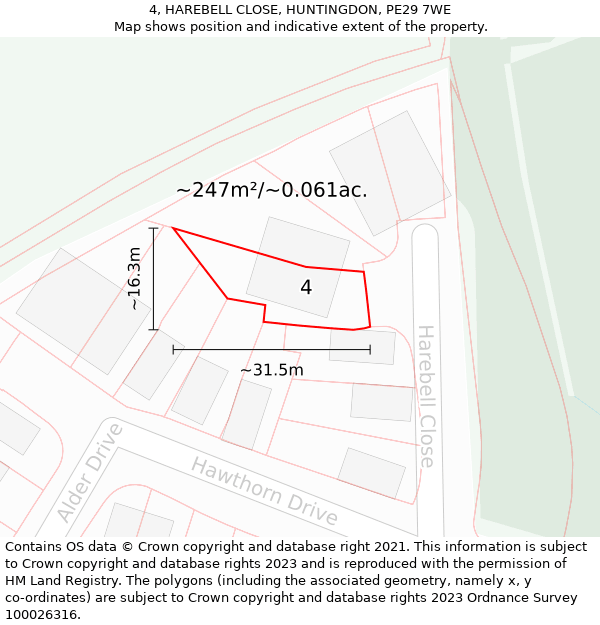 4, HAREBELL CLOSE, HUNTINGDON, PE29 7WE: Plot and title map