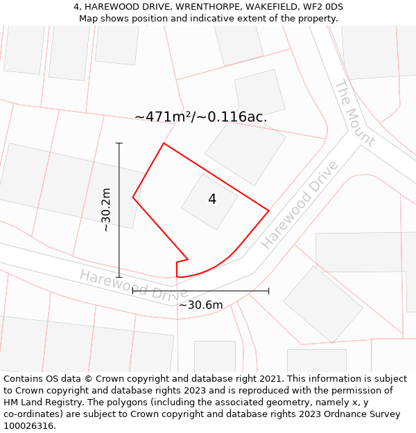 4, HAREWOOD DRIVE, WRENTHORPE, WAKEFIELD, WF2 0DS: Plot and title map