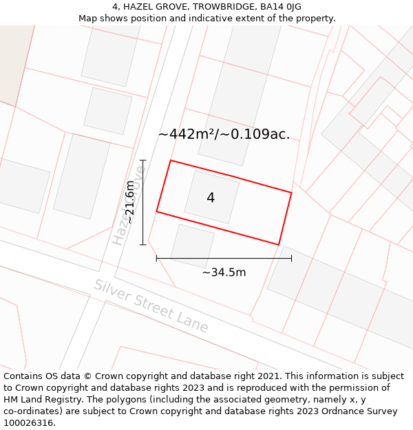 4, HAZEL GROVE, TROWBRIDGE, BA14 0JG: Plot and title map