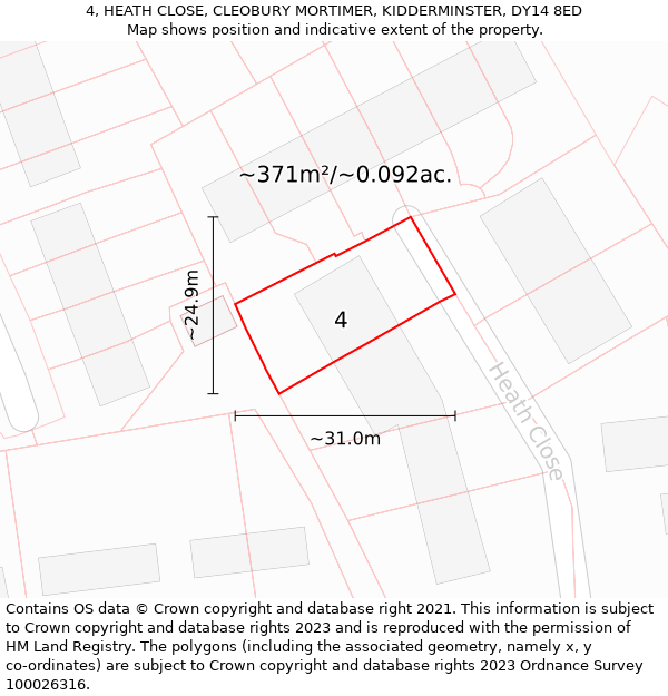 4, HEATH CLOSE, CLEOBURY MORTIMER, KIDDERMINSTER, DY14 8ED: Plot and title map