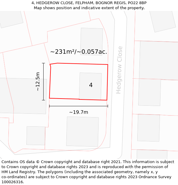 4, HEDGEROW CLOSE, FELPHAM, BOGNOR REGIS, PO22 8BP: Plot and title map