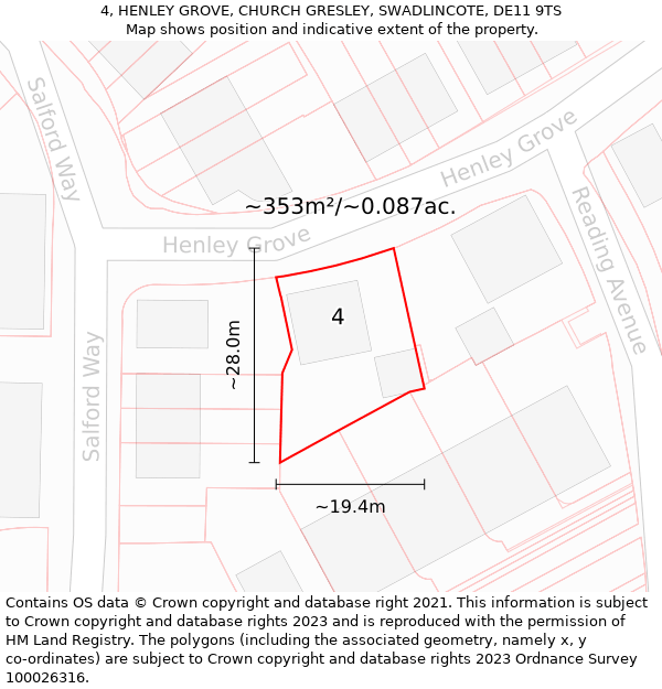 4, HENLEY GROVE, CHURCH GRESLEY, SWADLINCOTE, DE11 9TS: Plot and title map