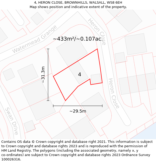 4, HERON CLOSE, BROWNHILLS, WALSALL, WS8 6EH: Plot and title map