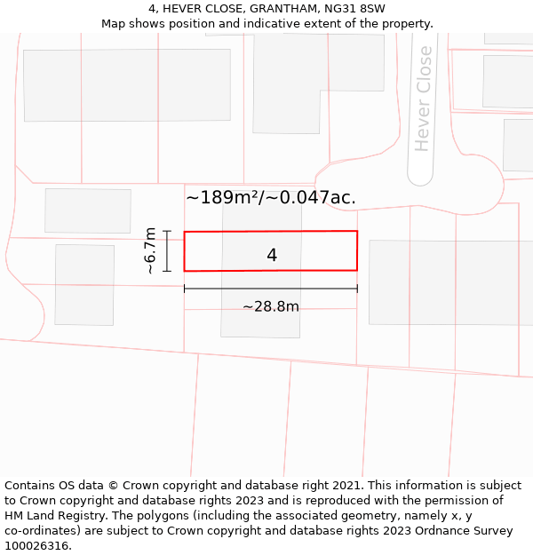 4, HEVER CLOSE, GRANTHAM, NG31 8SW: Plot and title map