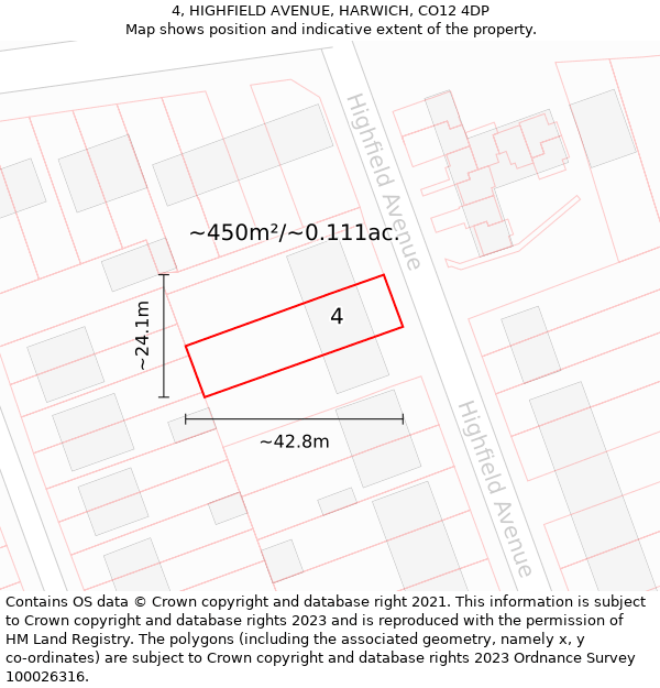 4, HIGHFIELD AVENUE, HARWICH, CO12 4DP: Plot and title map