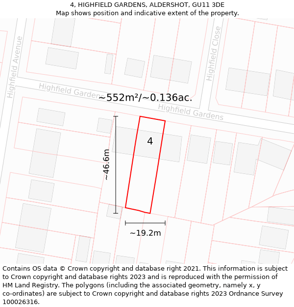 4, HIGHFIELD GARDENS, ALDERSHOT, GU11 3DE: Plot and title map