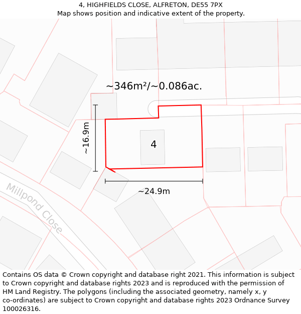 4, HIGHFIELDS CLOSE, ALFRETON, DE55 7PX: Plot and title map