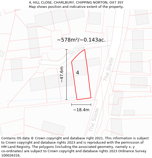 4, HILL CLOSE, CHARLBURY, CHIPPING NORTON, OX7 3SY: Plot and title map