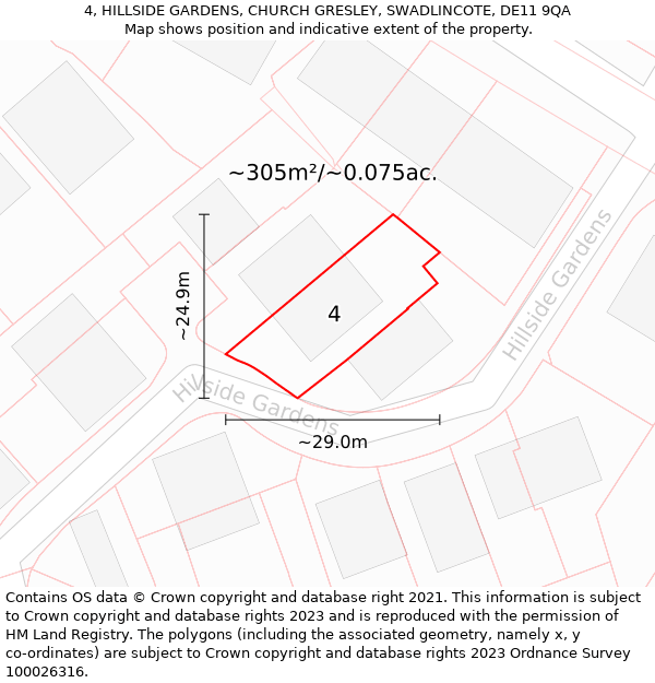 4, HILLSIDE GARDENS, CHURCH GRESLEY, SWADLINCOTE, DE11 9QA: Plot and title map