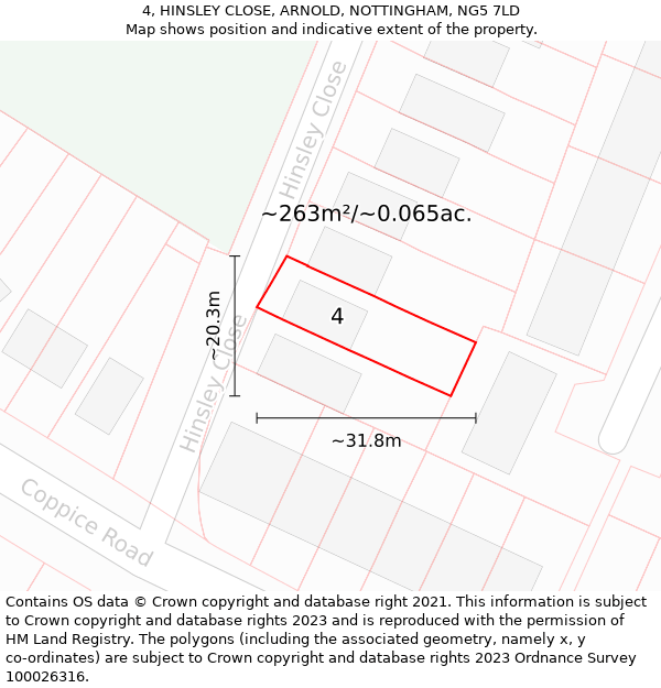 4, HINSLEY CLOSE, ARNOLD, NOTTINGHAM, NG5 7LD: Plot and title map