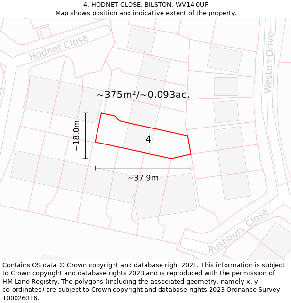 4, HODNET CLOSE, BILSTON, WV14 0UF: Plot and title map