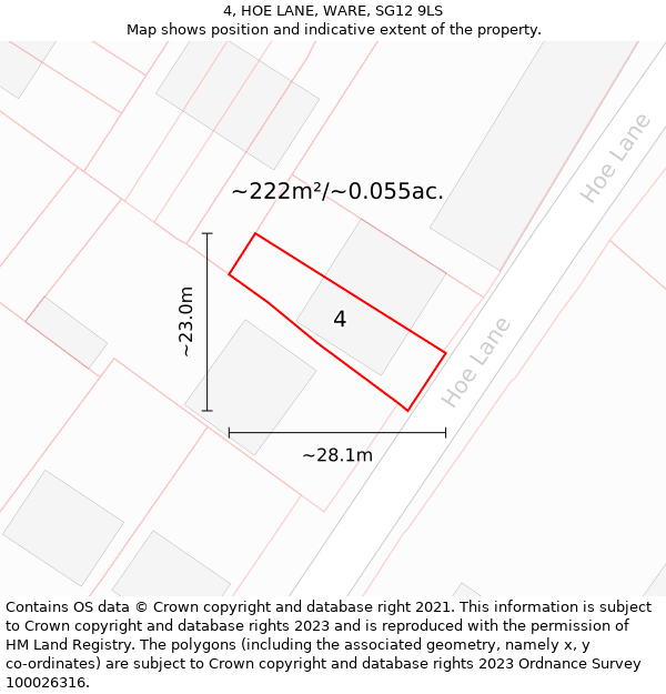 4, HOE LANE, WARE, SG12 9LS: Plot and title map