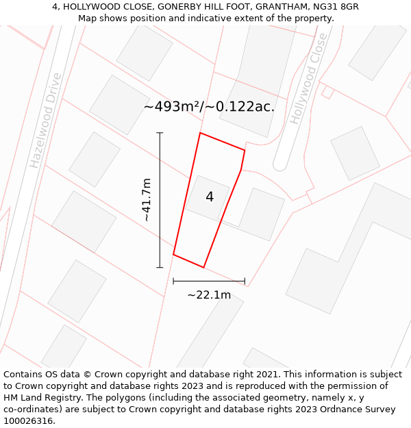 4, HOLLYWOOD CLOSE, GONERBY HILL FOOT, GRANTHAM, NG31 8GR: Plot and title map