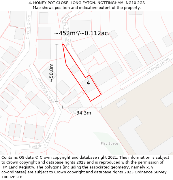 4, HONEY POT CLOSE, LONG EATON, NOTTINGHAM, NG10 2GS: Plot and title map