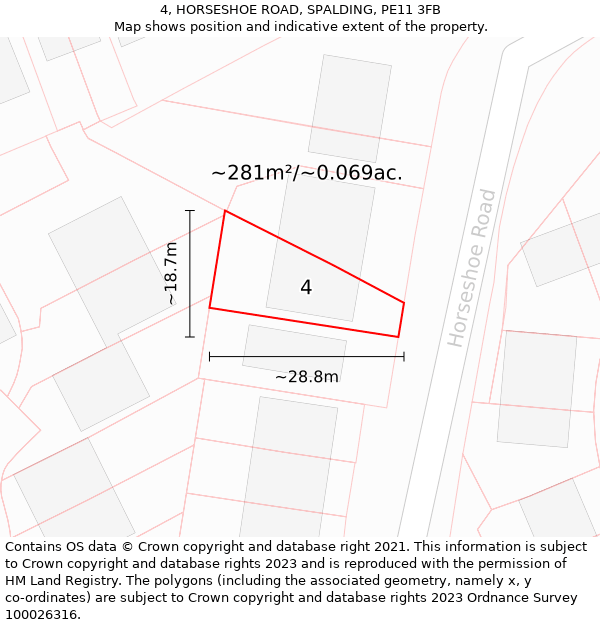 4, HORSESHOE ROAD, SPALDING, PE11 3FB: Plot and title map