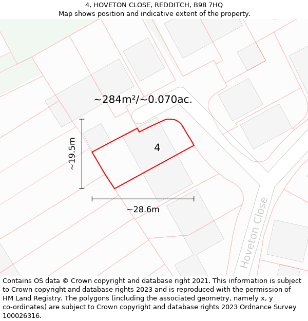 4, HOVETON CLOSE, REDDITCH, B98 7HQ: Plot and title map