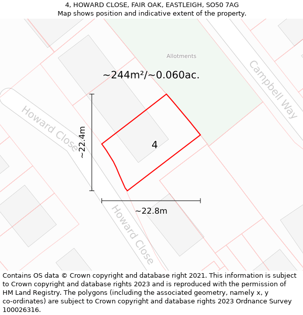 4, HOWARD CLOSE, FAIR OAK, EASTLEIGH, SO50 7AG: Plot and title map