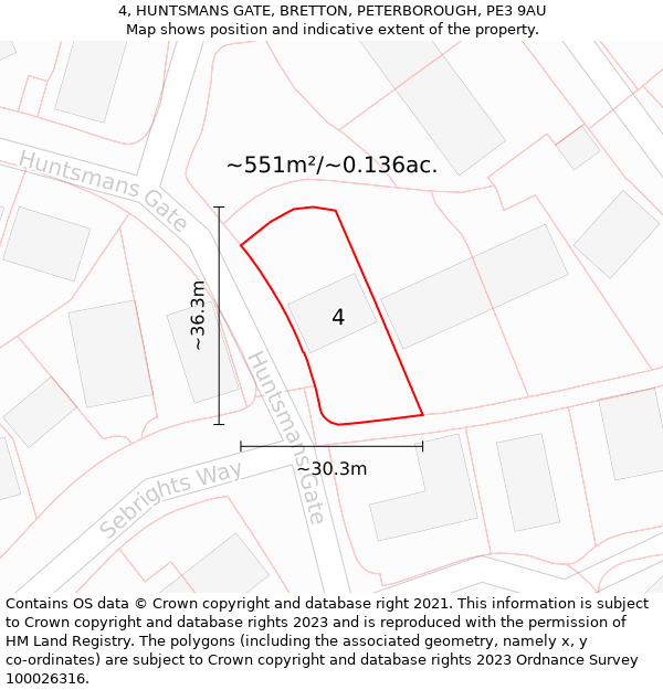 4, HUNTSMANS GATE, BRETTON, PETERBOROUGH, PE3 9AU: Plot and title map