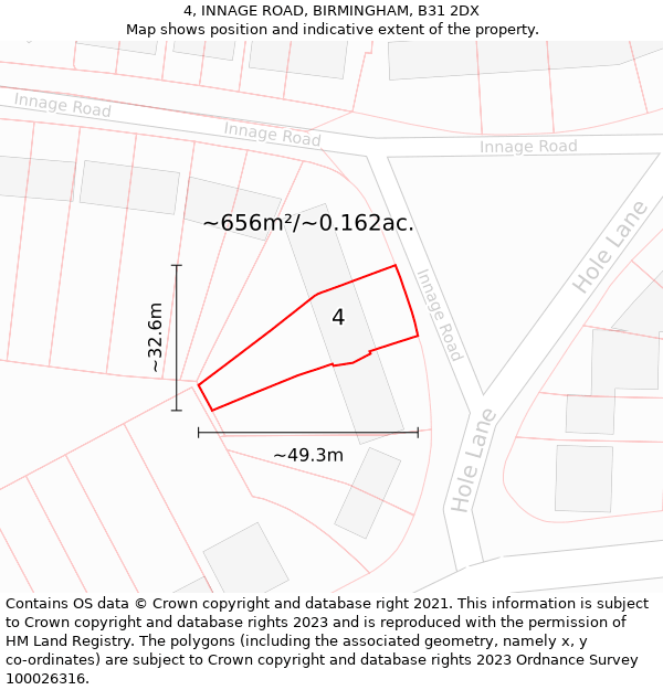 4, INNAGE ROAD, BIRMINGHAM, B31 2DX: Plot and title map