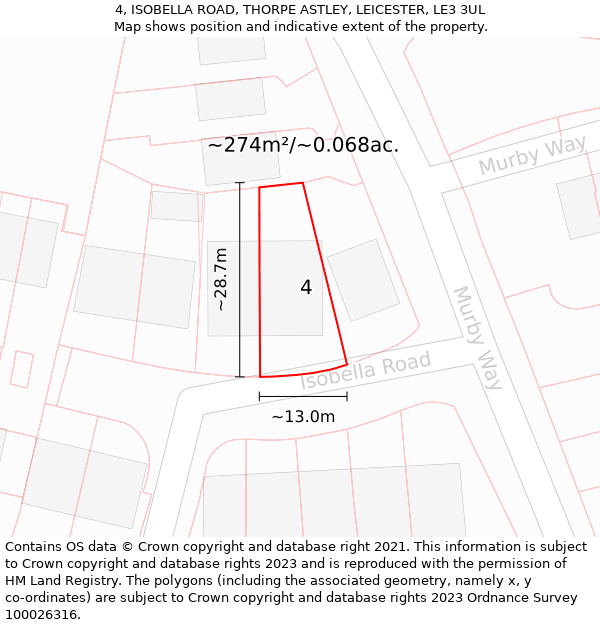 4, ISOBELLA ROAD, THORPE ASTLEY, LEICESTER, LE3 3UL: Plot and title map