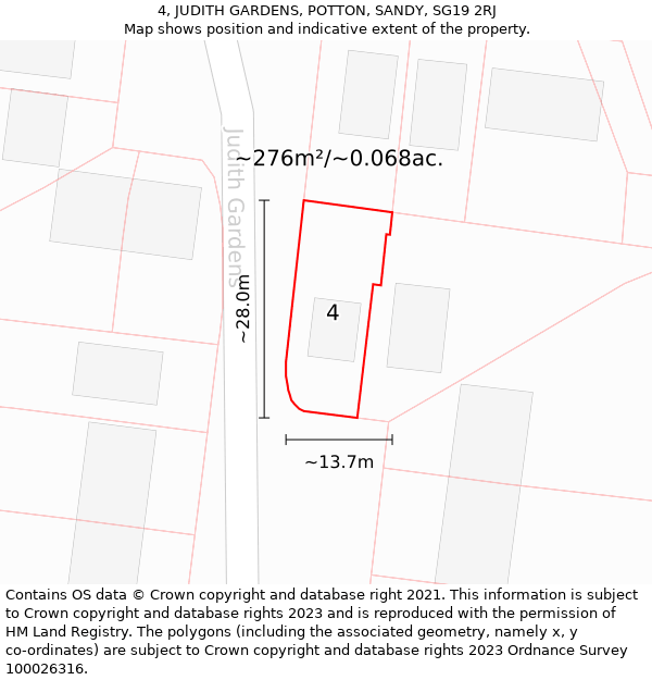 4, JUDITH GARDENS, POTTON, SANDY, SG19 2RJ: Plot and title map