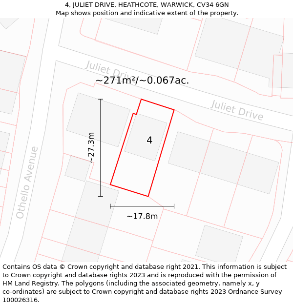 4, JULIET DRIVE, HEATHCOTE, WARWICK, CV34 6GN: Plot and title map