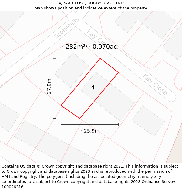 4, KAY CLOSE, RUGBY, CV21 1ND: Plot and title map