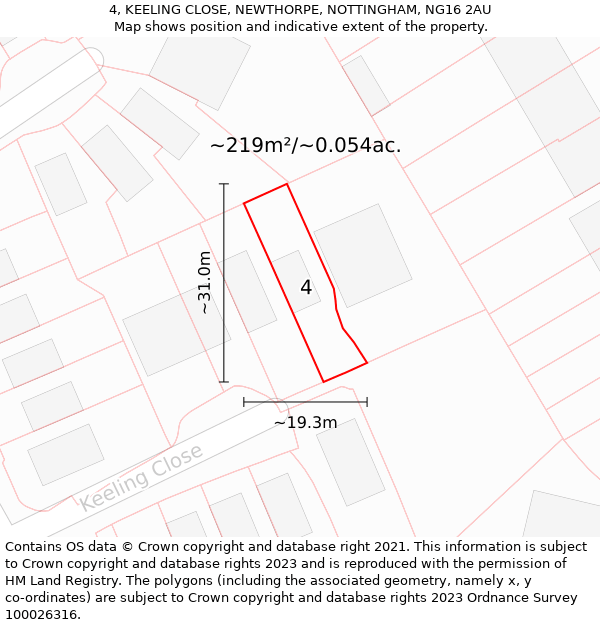 4, KEELING CLOSE, NEWTHORPE, NOTTINGHAM, NG16 2AU: Plot and title map