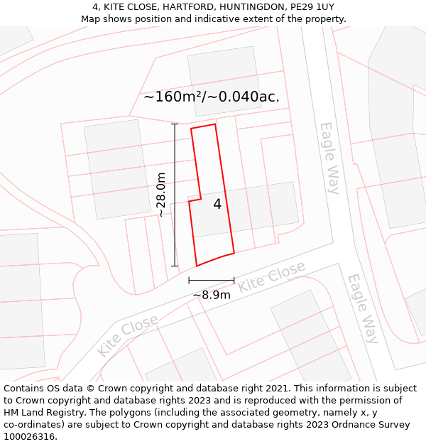 4, KITE CLOSE, HARTFORD, HUNTINGDON, PE29 1UY: Plot and title map