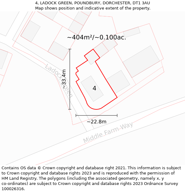 4, LADOCK GREEN, POUNDBURY, DORCHESTER, DT1 3AU: Plot and title map