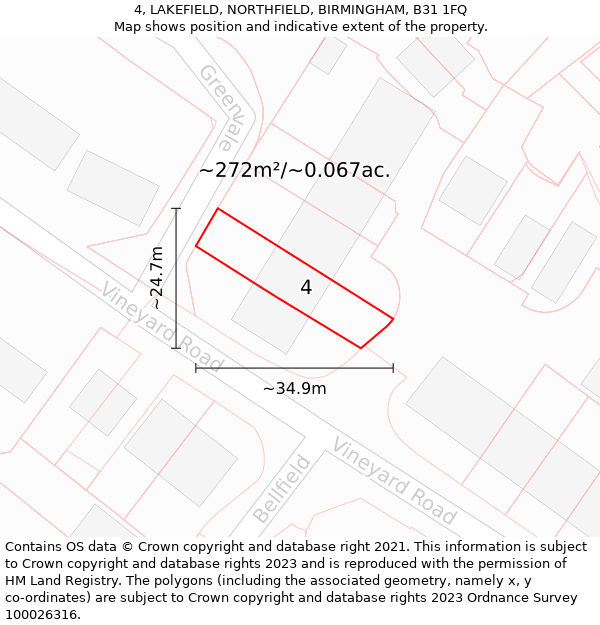 4, LAKEFIELD, NORTHFIELD, BIRMINGHAM, B31 1FQ: Plot and title map