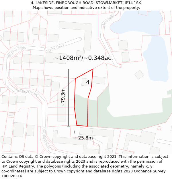 4, LAKESIDE, FINBOROUGH ROAD, STOWMARKET, IP14 1SX: Plot and title map