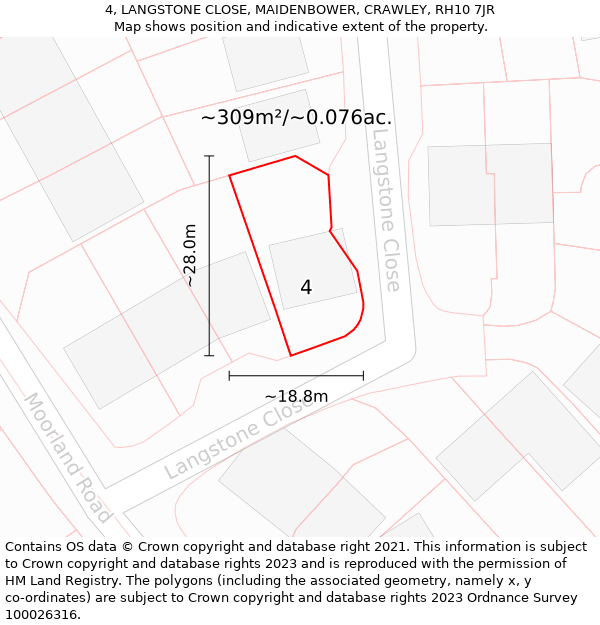 4, LANGSTONE CLOSE, MAIDENBOWER, CRAWLEY, RH10 7JR: Plot and title map