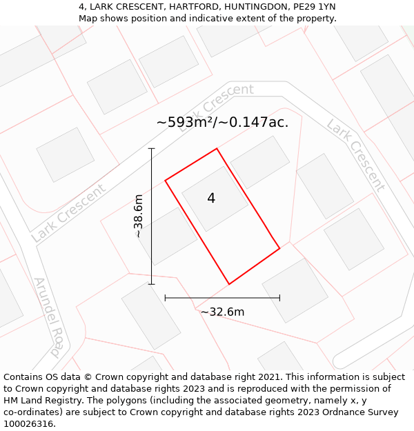 4, LARK CRESCENT, HARTFORD, HUNTINGDON, PE29 1YN: Plot and title map