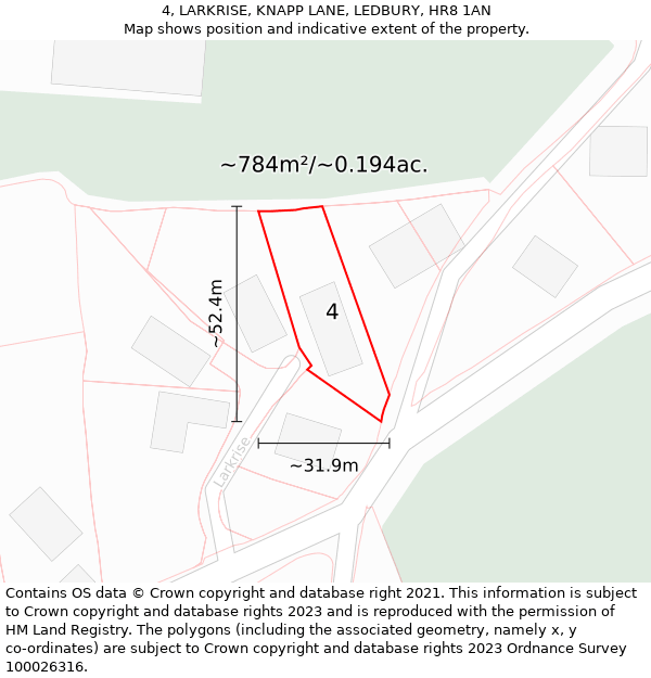 4, LARKRISE, KNAPP LANE, LEDBURY, HR8 1AN: Plot and title map