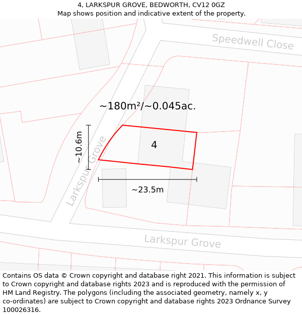 4, LARKSPUR GROVE, BEDWORTH, CV12 0GZ: Plot and title map