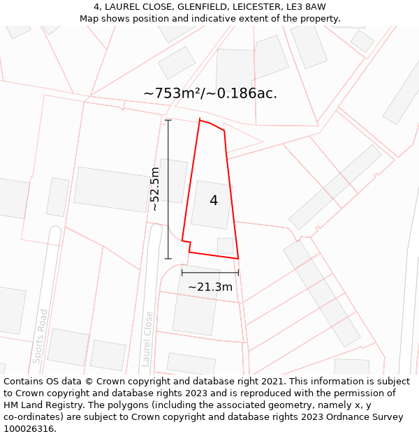 4, LAUREL CLOSE, GLENFIELD, LEICESTER, LE3 8AW: Plot and title map