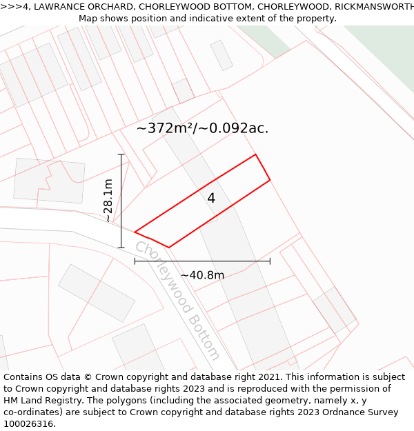 4, LAWRANCE ORCHARD, CHORLEYWOOD BOTTOM, CHORLEYWOOD, RICKMANSWORTH, WD3 5JY: Plot and title map