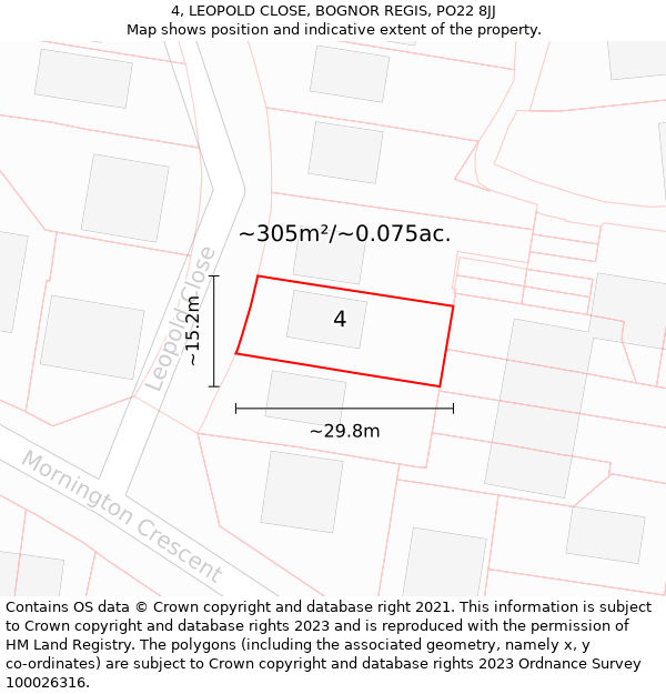 4, LEOPOLD CLOSE, BOGNOR REGIS, PO22 8JJ: Plot and title map