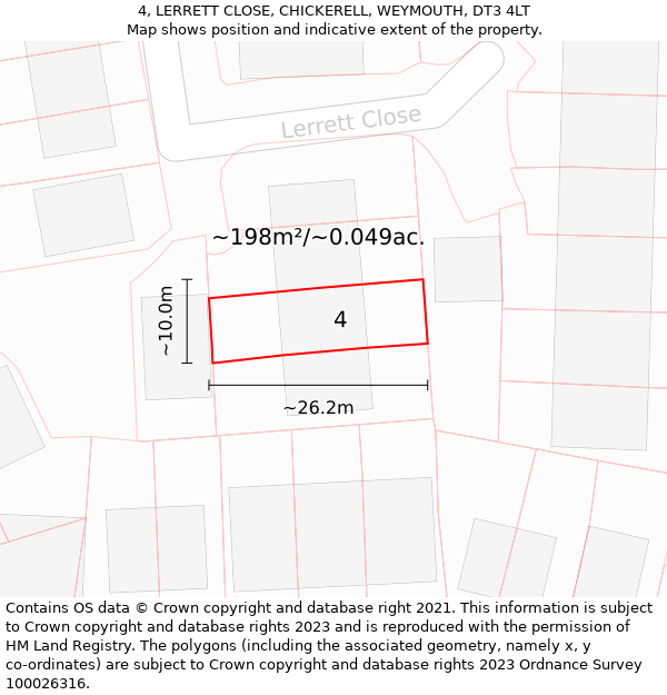 4, LERRETT CLOSE, CHICKERELL, WEYMOUTH, DT3 4LT: Plot and title map