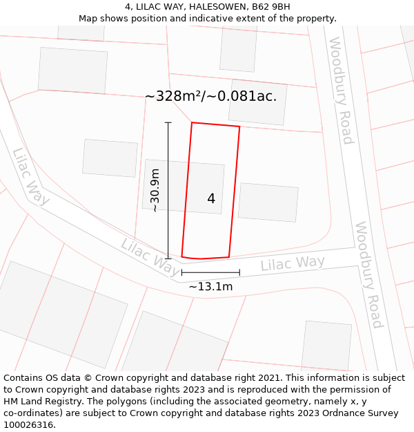 4, LILAC WAY, HALESOWEN, B62 9BH: Plot and title map