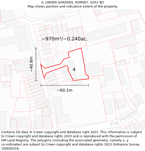 4, LINDEN GARDENS, ROMSEY, SO51 8JY: Plot and title map