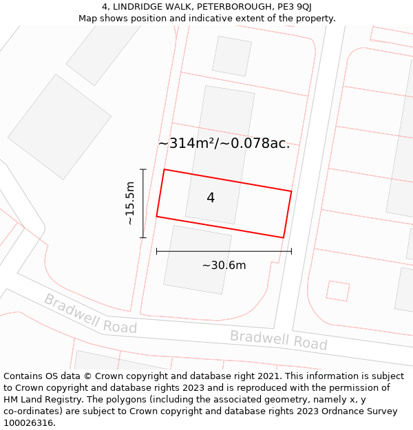 4, LINDRIDGE WALK, PETERBOROUGH, PE3 9QJ: Plot and title map