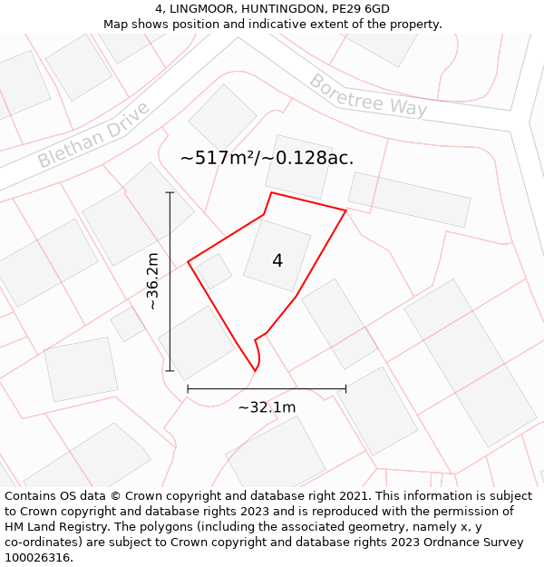 4, LINGMOOR, HUNTINGDON, PE29 6GD: Plot and title map